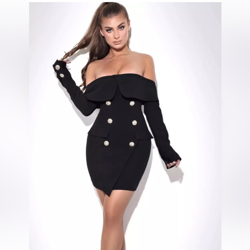 Brand new black Miss Circle off the shoulder long sleeve dress with gold buttons